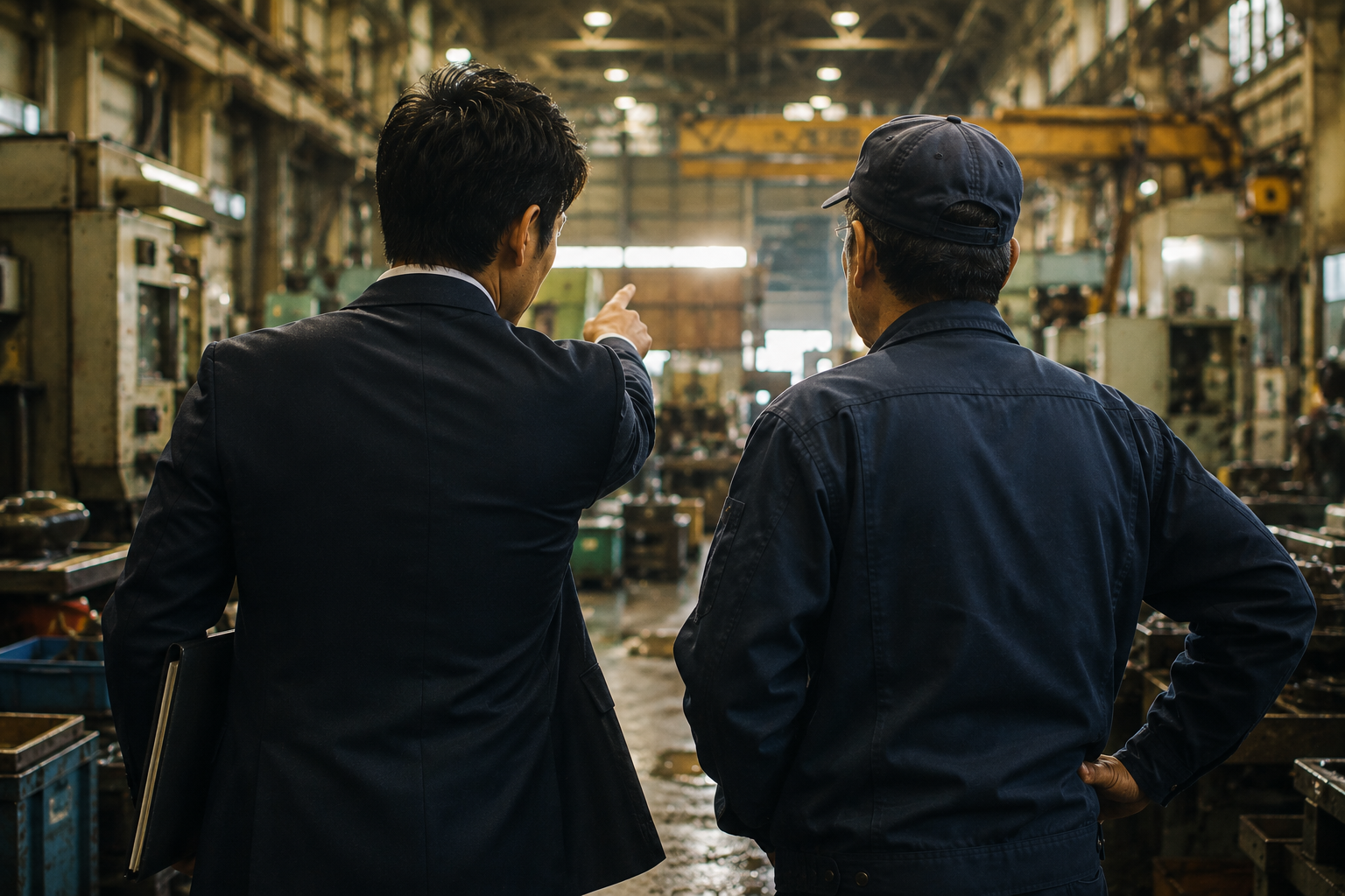 工場全体を一緒に見渡しながら未来を語る営業と現場責任者