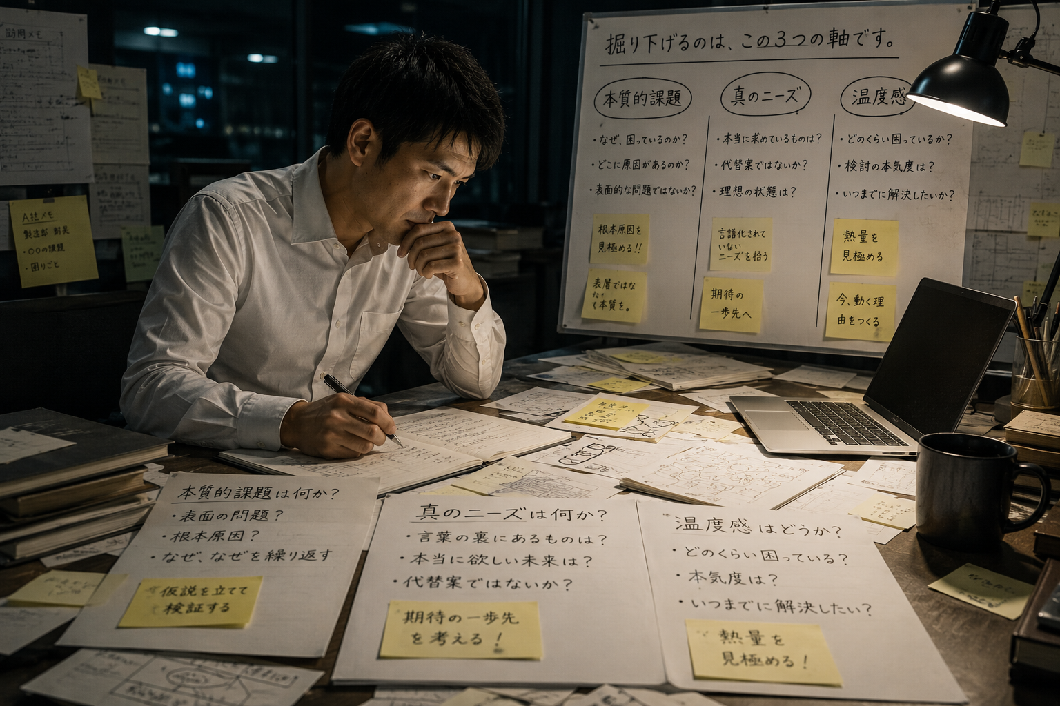深夜まで資料・メモ・顧客の声を並べ、本質を考え続ける営業