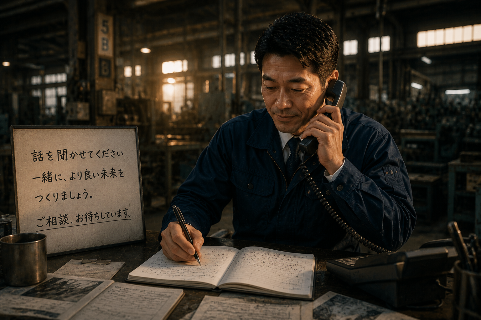 電話を受けながら丁寧に話を聞き、ノートへメモを取る営業