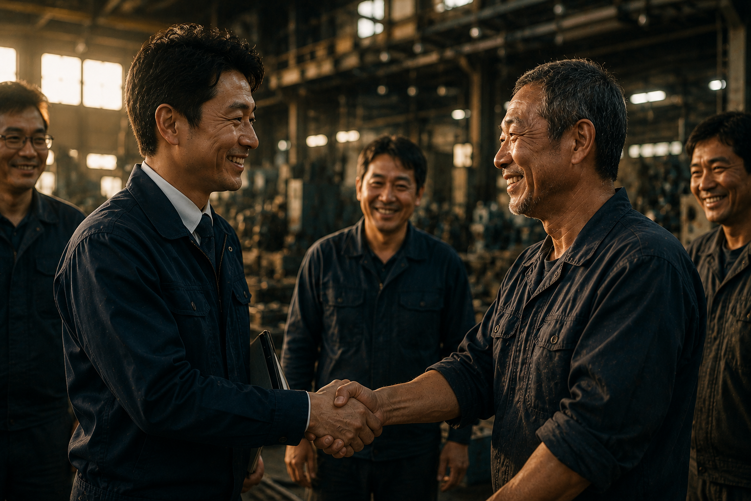 現場の人たちと笑顔で輪になり、信頼関係が生まれている風景