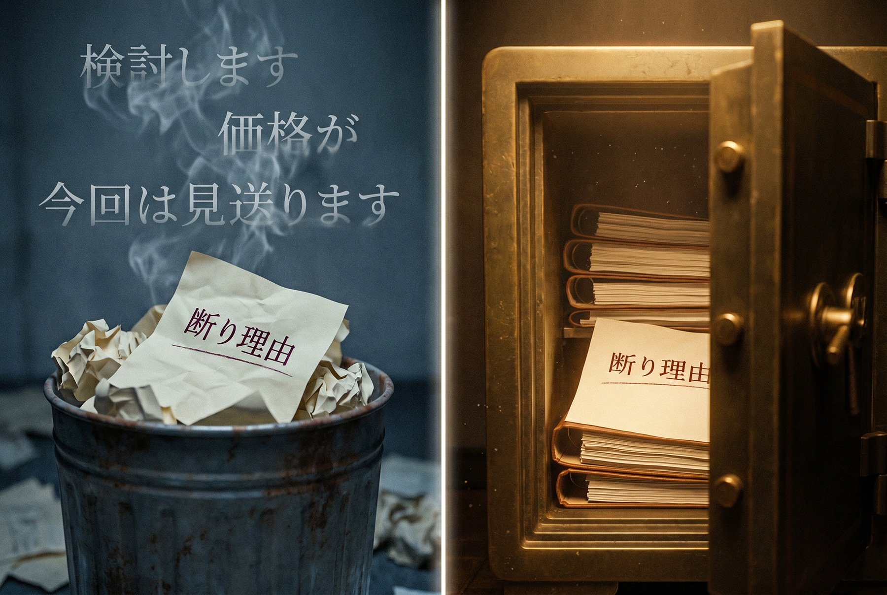 断り理由が書かれた紙が、片やゴミ箱に捨てられ、片や金庫に大切に保管されている