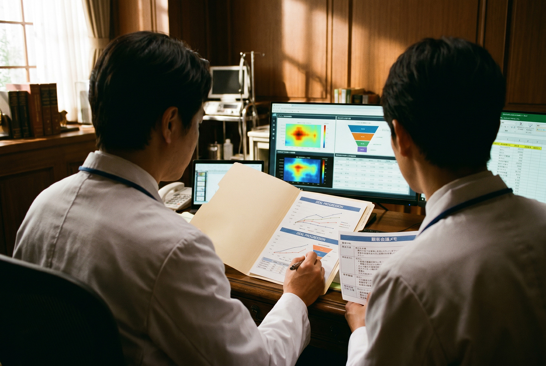二人の担当者が、商談データをカルテのように検査している