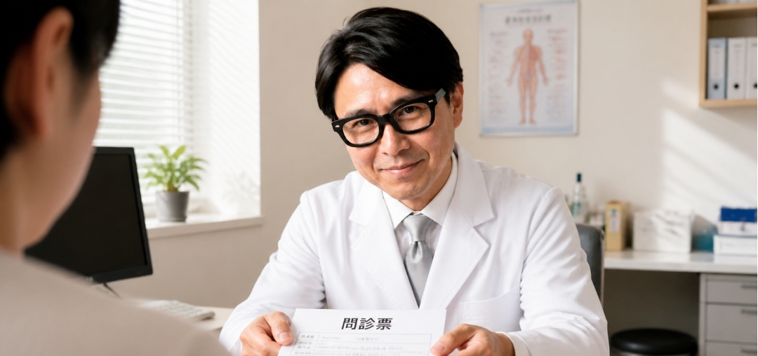 問診票を差し出す営功社の担当者